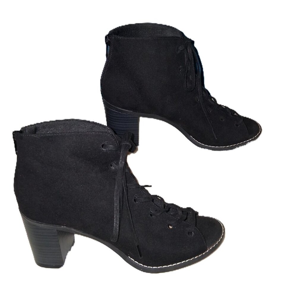 Old Navy Black Faux Suede Lace-Up Open-Toe Booties | Back Zip | 3” Heel | Size 8 - Picture 4 of 9